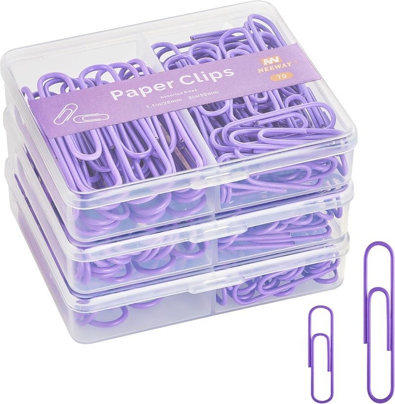 NEEWAY Colorful Paper Clips Assorted Sizes, Small and Large Paperclips, 210 Count, 3 Pack of 70 (Purple) - Image 1